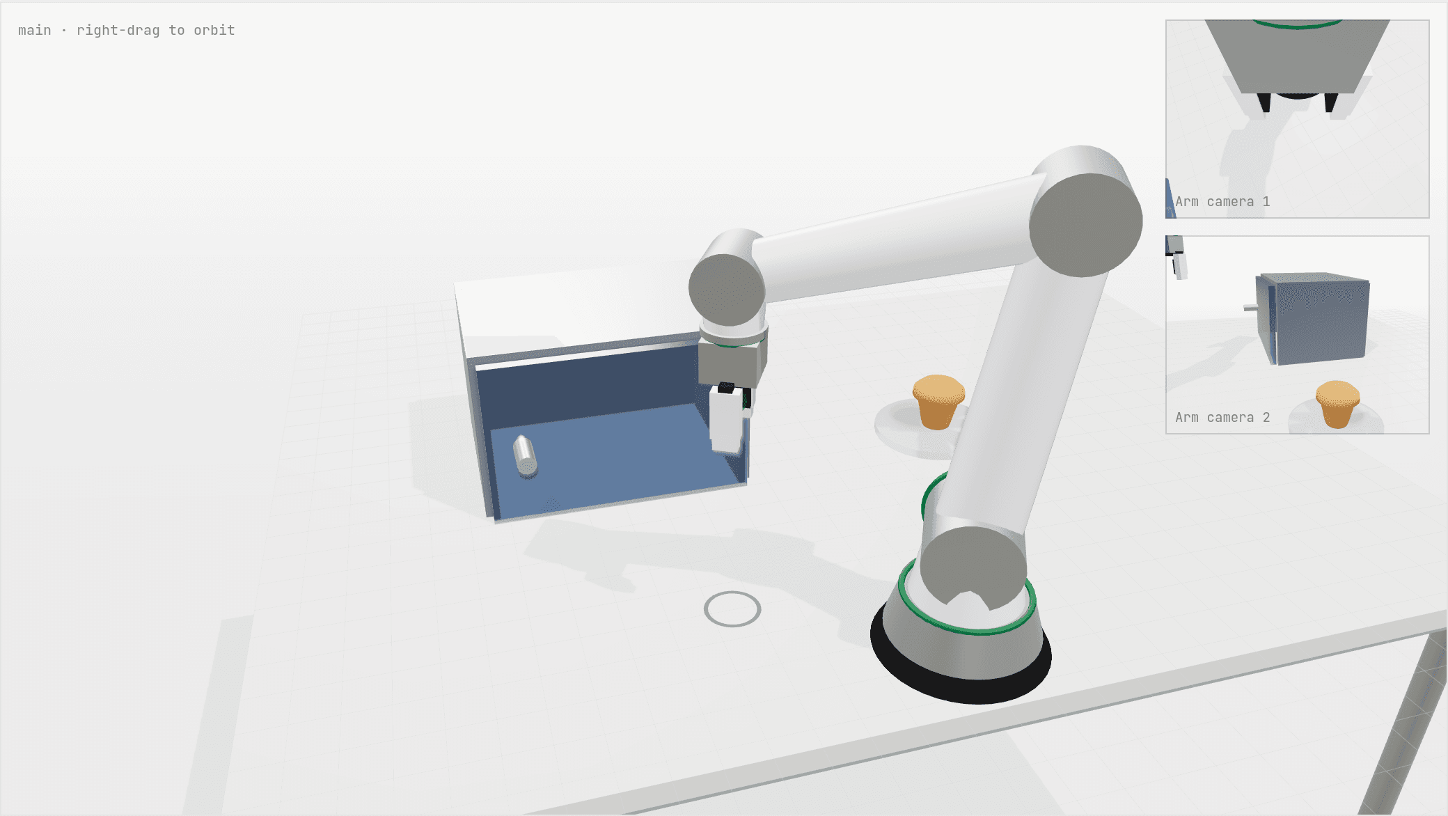 The Open Robotics simulator: a six axis arm at a bench with the microwave door open and the muffin on its plate